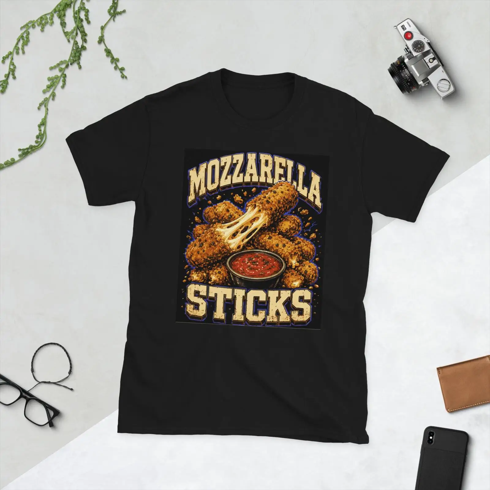 Food Lovers Snacks - เสื้อยืดคนรักขนมย้อนยุค ลายมอสซาเรลล่าสติ๊ก อาหารทอดตลกๆ สำหรับคนรักอาหาร ลายมีมวินเทจ ผ้าซักแล้ว